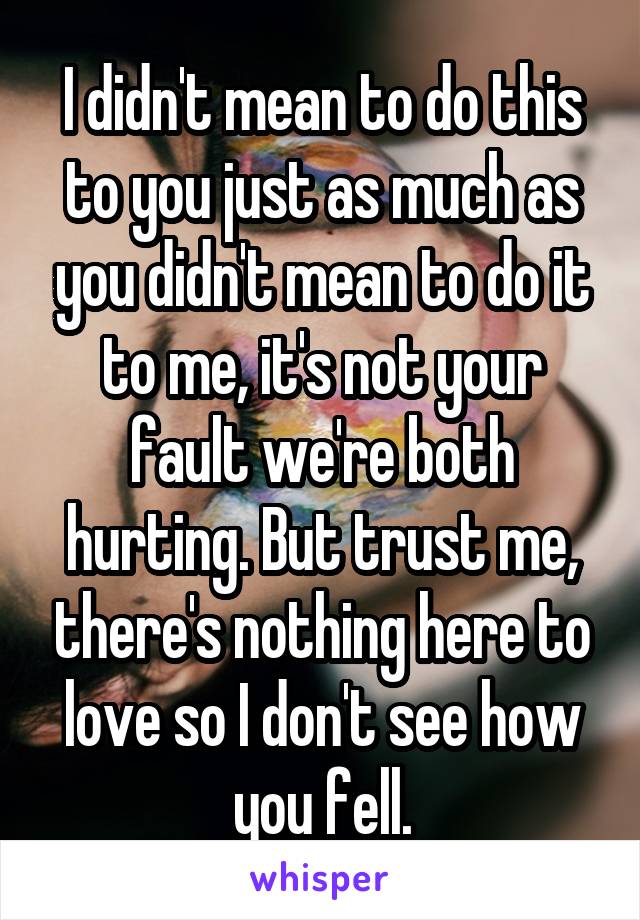 I didn't mean to do this to you just as much as you didn't mean to do it to me, it's not your fault we're both hurting. But trust me, there's nothing here to love so I don't see how you fell.