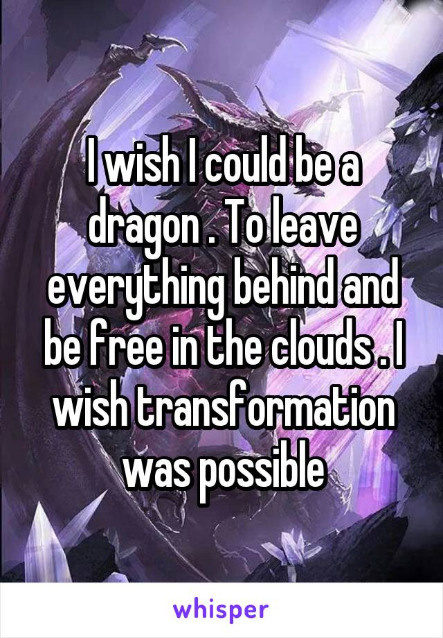 I wish I could be a dragon . To leave everything behind and be free in the clouds . I wish transformation was possible