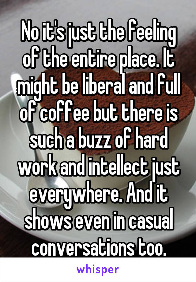 No it's just the feeling of the entire place. It might be liberal and full of coffee but there is such a buzz of hard work and intellect just everywhere. And it shows even in casual conversations too.