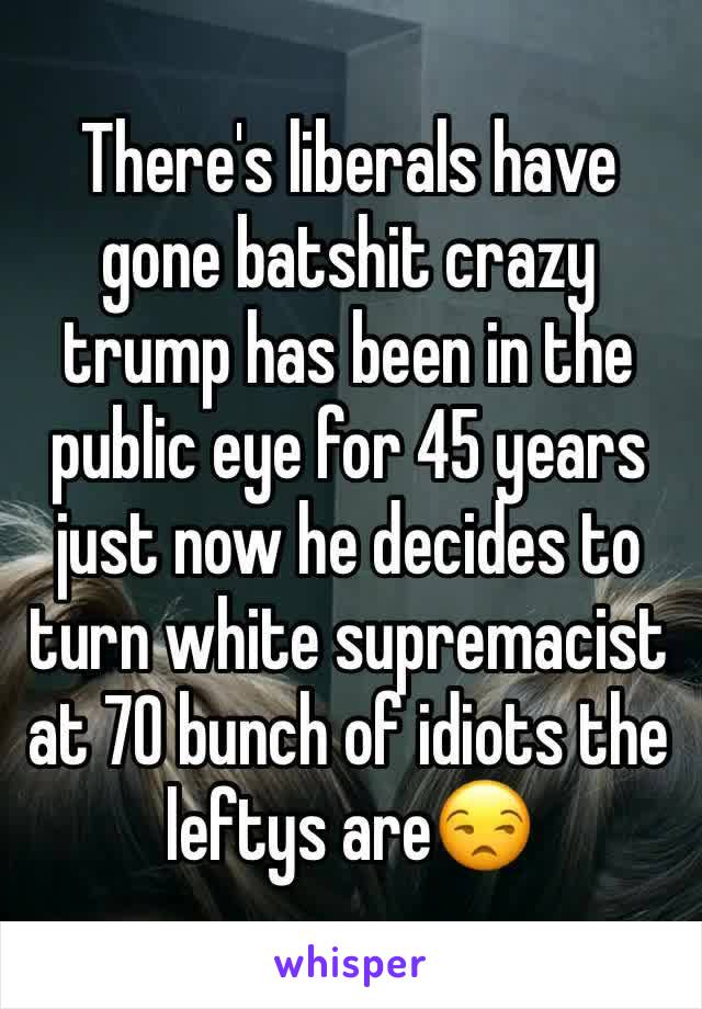 There's liberals have gone batshit crazy trump has been in the public eye for 45 years just now he decides to turn white supremacist at 70 bunch of idiots the leftys are😒