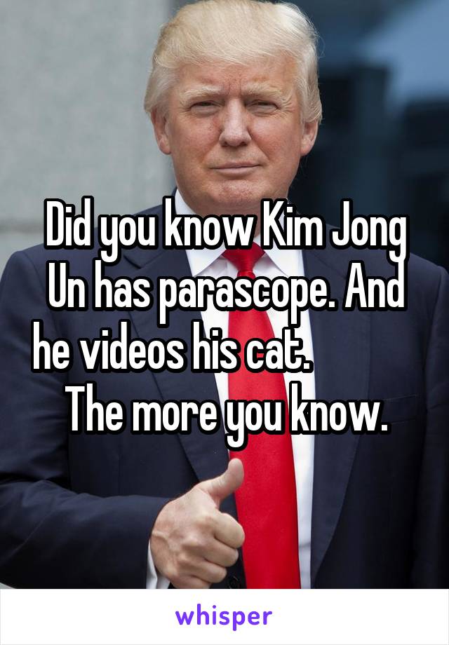 Did you know Kim Jong Un has parascope. And he videos his cat.               The more you know. 