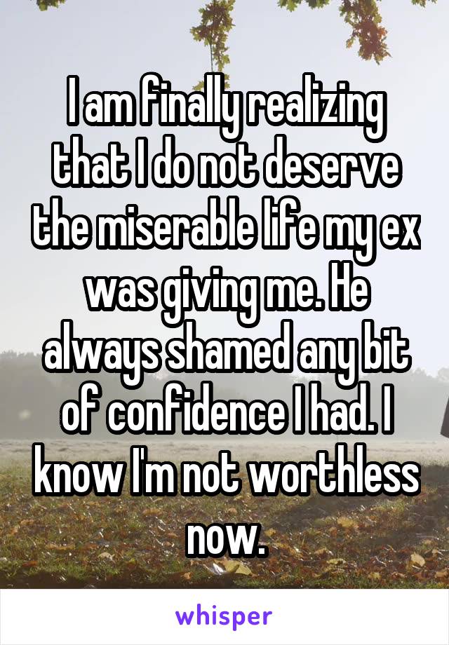 I am finally realizing that I do not deserve the miserable life my ex was giving me. He always shamed any bit of confidence I had. I know I'm not worthless now.