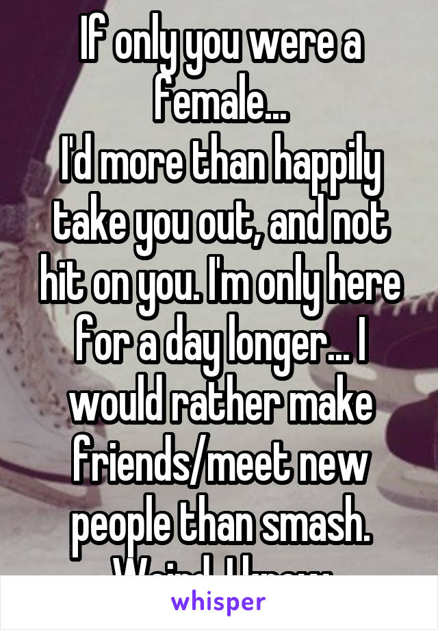 If only you were a female...
I'd more than happily take you out, and not hit on you. I'm only here for a day longer... I would rather make friends/meet new people than smash. Weird, I know