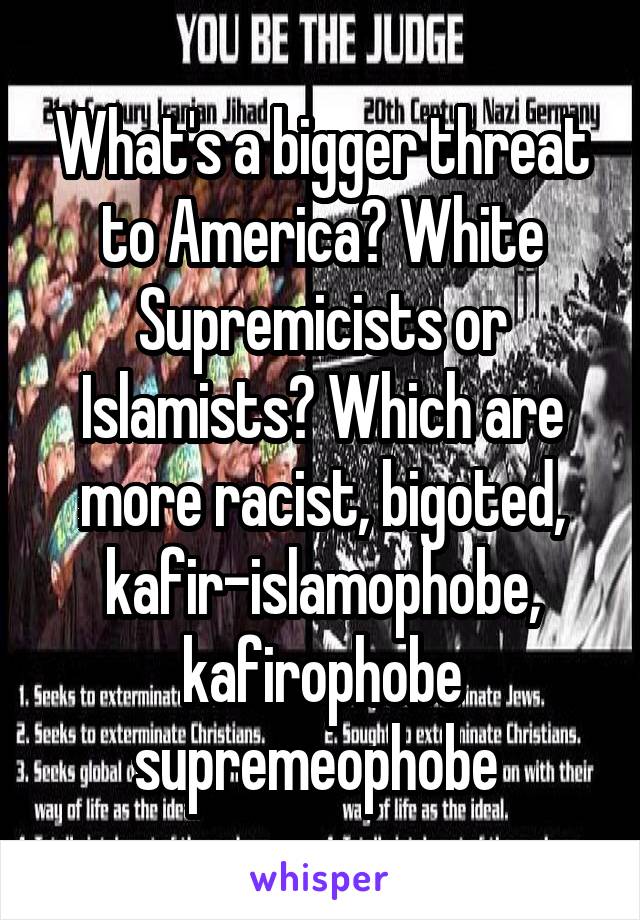 What's a bigger threat to America? White Supremicists or Islamists? Which are more racist, bigoted, kafir-islamophobe, kafirophobe supremeophobe 