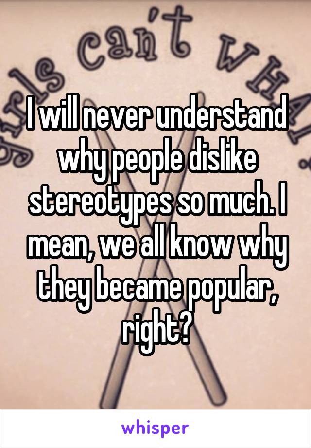 I will never understand why people dislike stereotypes so much. I mean, we all know why they became popular, right?