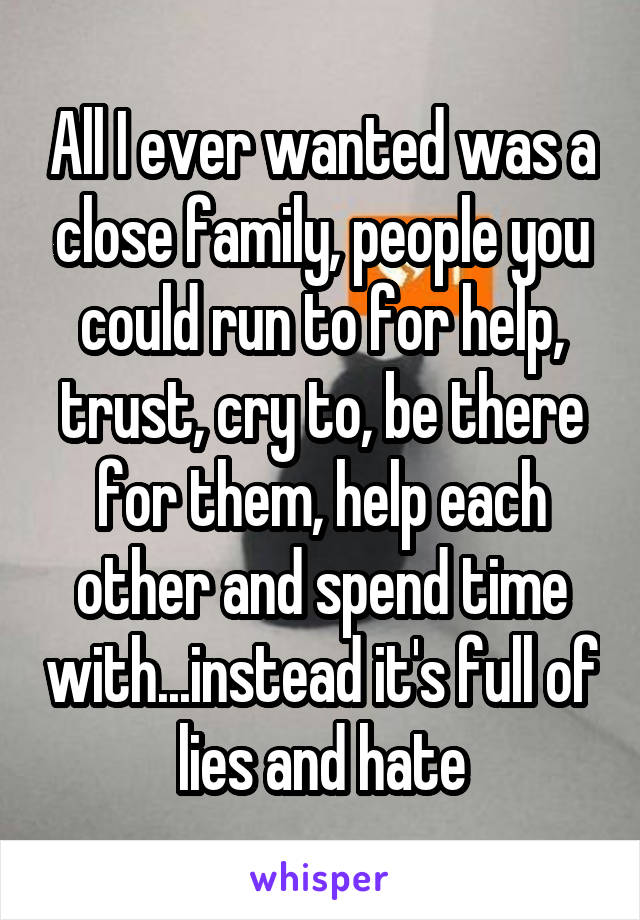 All I ever wanted was a close family, people you could run to for help, trust, cry to, be there for them, help each other and spend time with...instead it's full of lies and hate