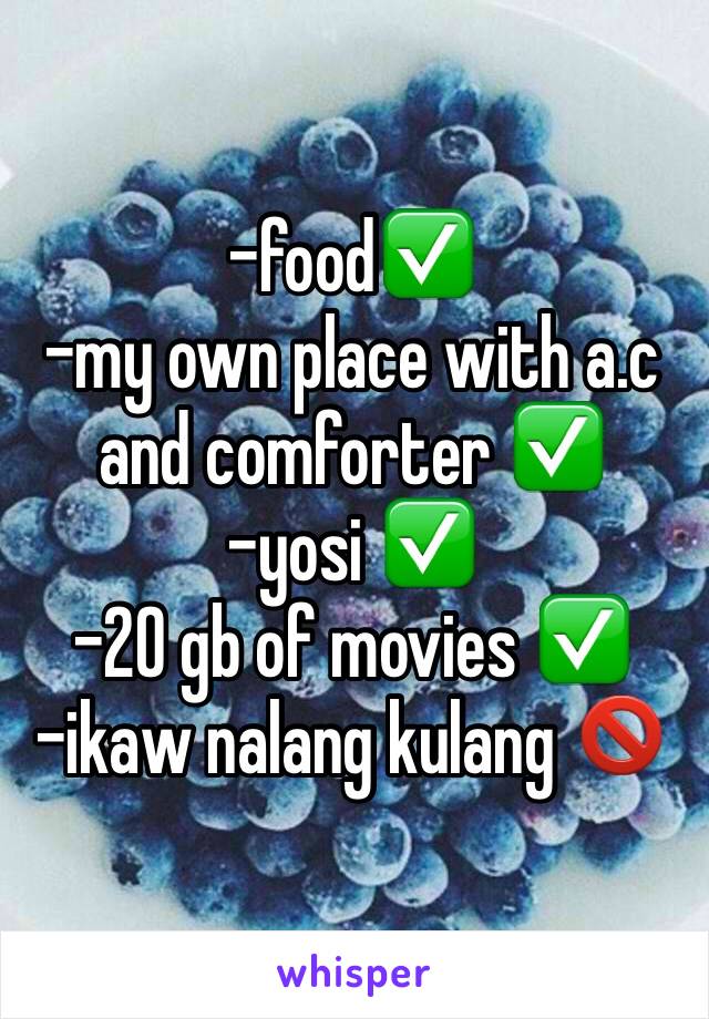 -food✅
-my own place with a.c and comforter ✅
-yosi ✅
-20 gb of movies ✅
-ikaw nalang kulang 🚫