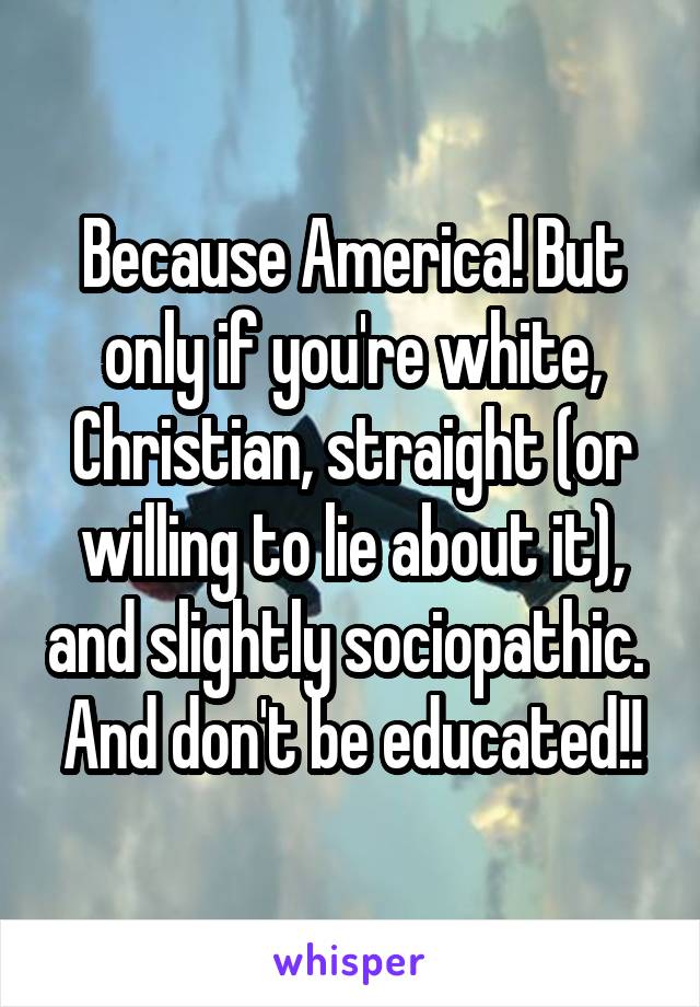 Because America! But only if you're white, Christian, straight (or willing to lie about it), and slightly sociopathic.  And don't be educated!!