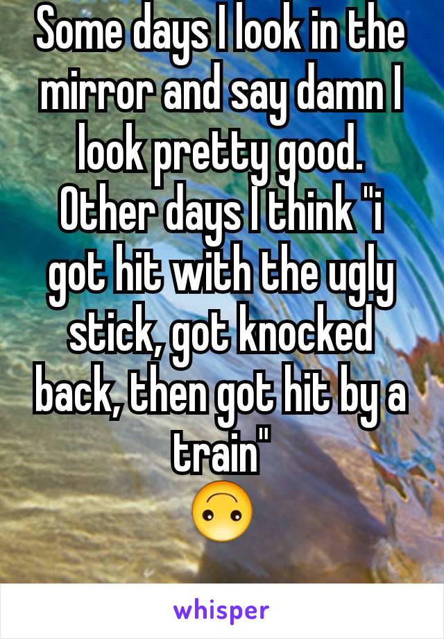 Some days I look in the mirror and say damn I look pretty good. Other days I think "i got hit with the ugly stick, got knocked back, then got hit by a train"
🙃