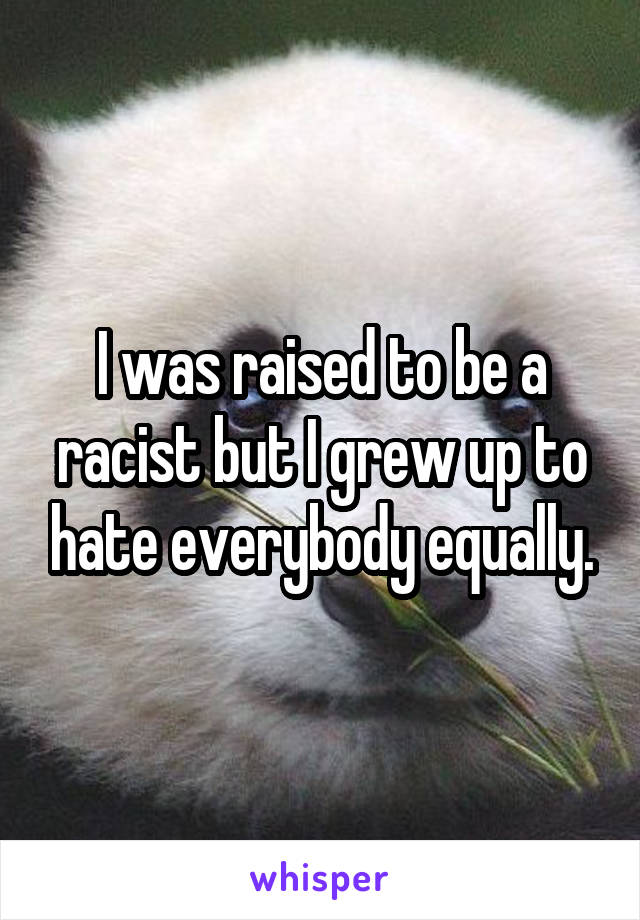 I was raised to be a racist but I grew up to hate everybody equally.