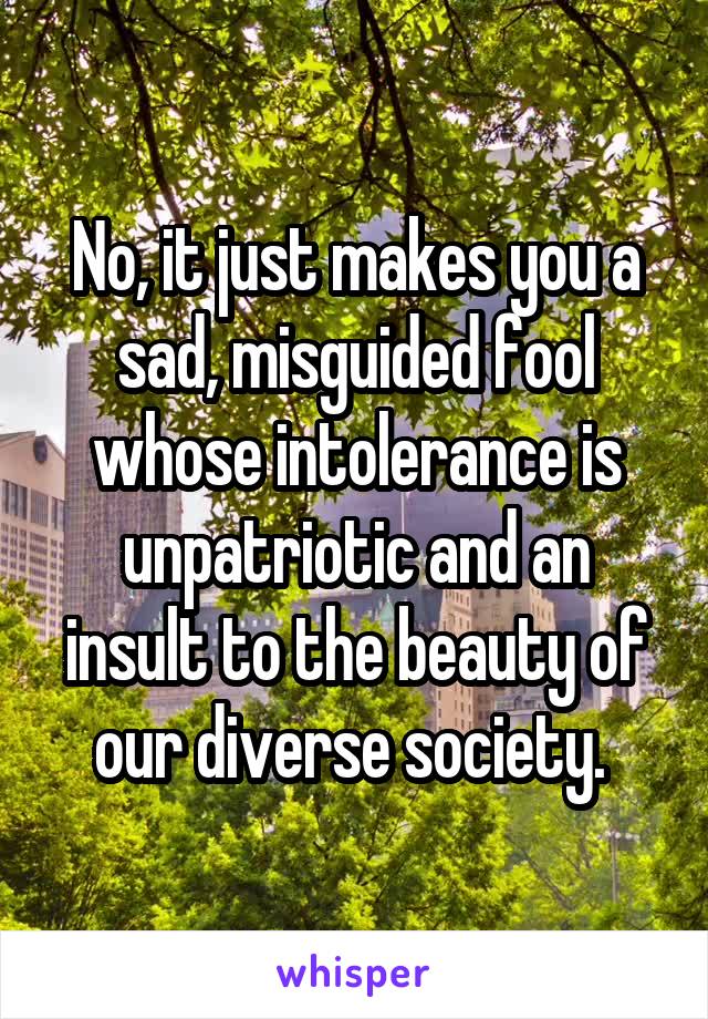 No, it just makes you a sad, misguided fool whose intolerance is unpatriotic and an insult to the beauty of our diverse society. 