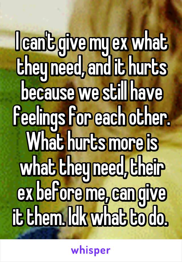 I can't give my ex what they need, and it hurts because we still have feelings for each other. What hurts more is what they need, their ex before me, can give it them. Idk what to do. 