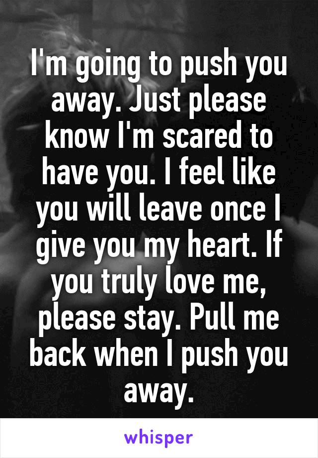 I'm going to push you away. Just please know I'm scared to have you. I feel like you will leave once I give you my heart. If you truly love me, please stay. Pull me back when I push you away.