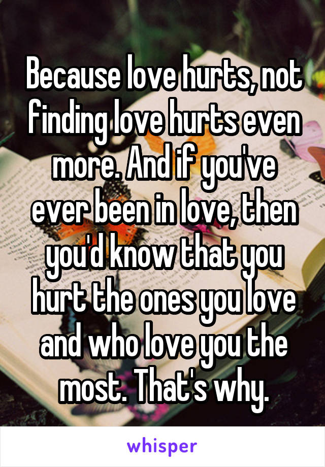 Because love hurts, not finding love hurts even more. And if you've ever been in love, then you'd know that you hurt the ones you love and who love you the most. That's why.