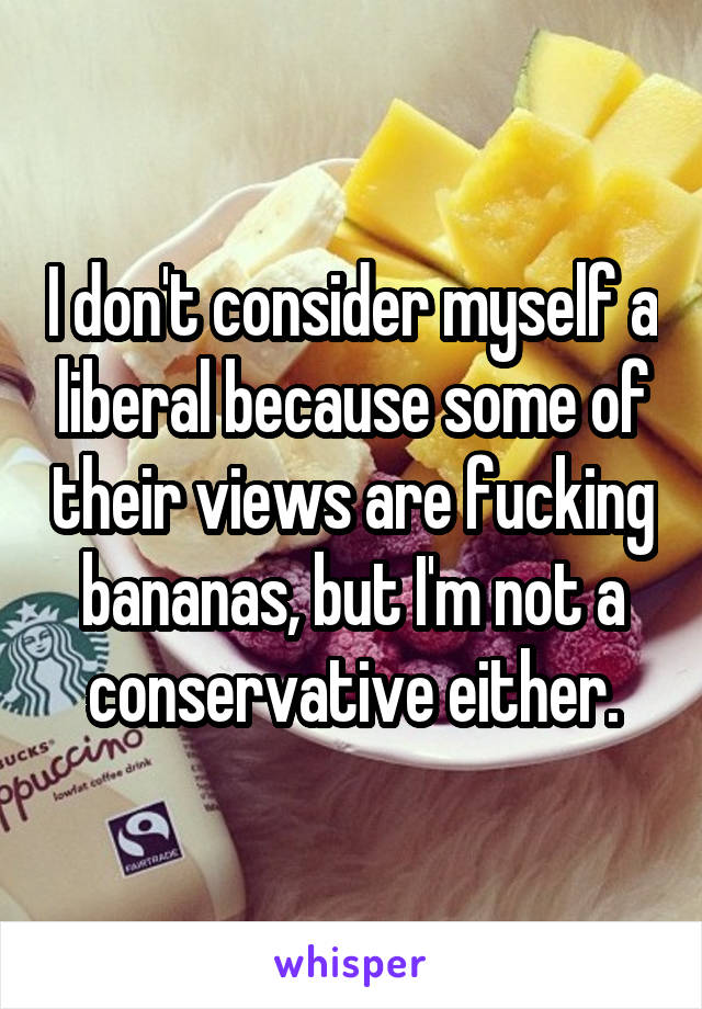 I don't consider myself a liberal because some of their views are fucking bananas, but I'm not a conservative either.