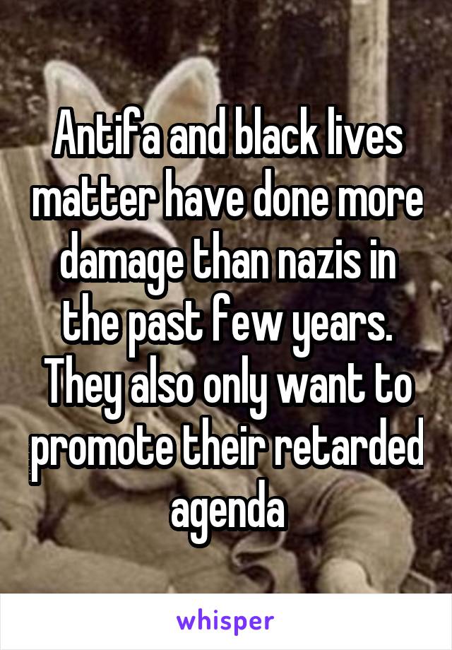 Antifa and black lives matter have done more damage than nazis in the past few years. They also only want to promote their retarded agenda
