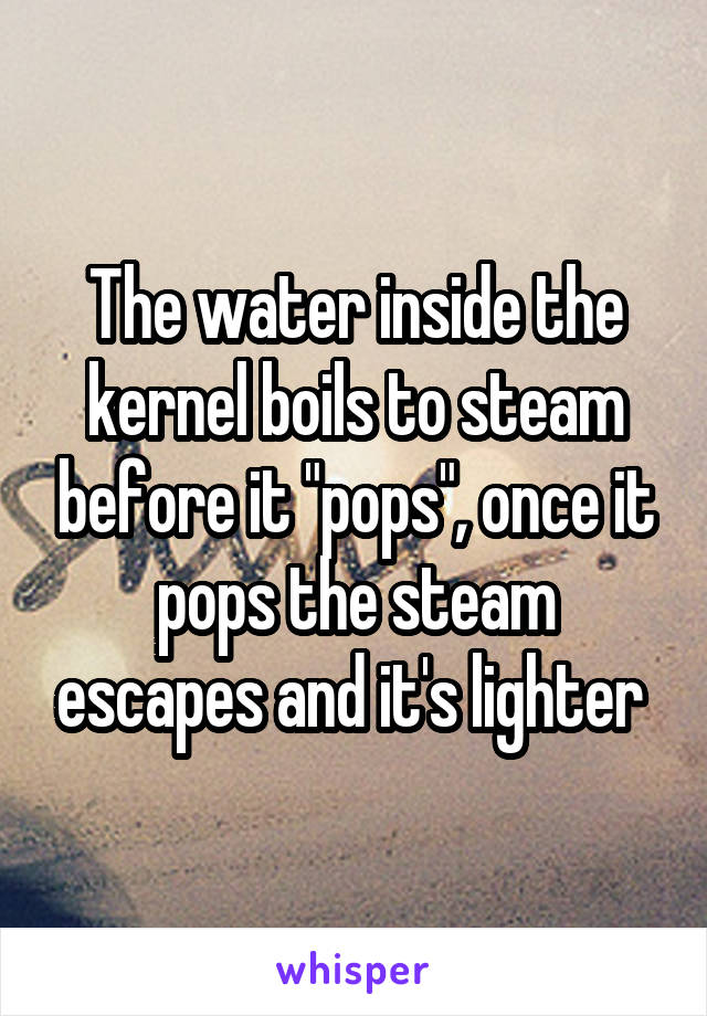 The water inside the kernel boils to steam before it "pops", once it pops the steam escapes and it's lighter 