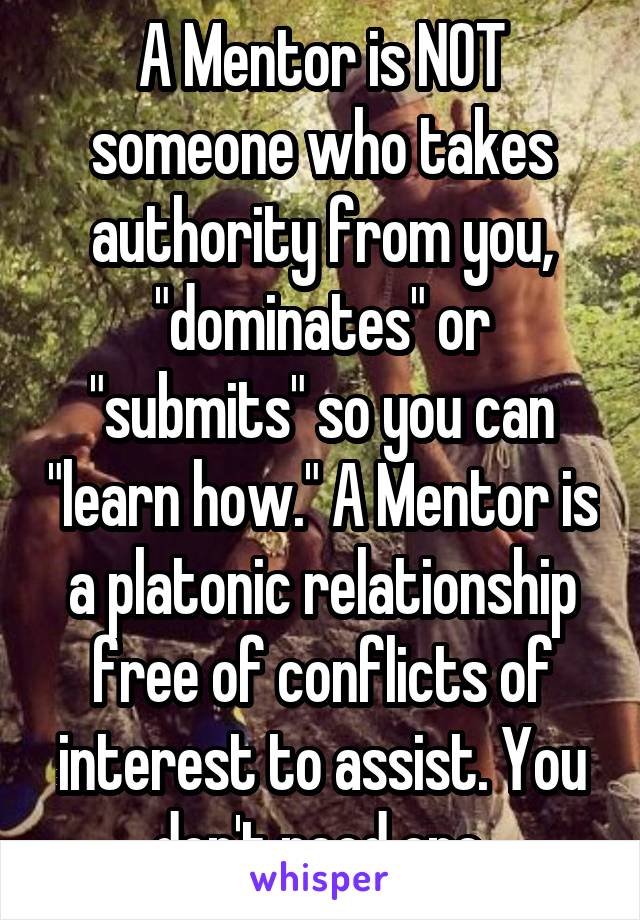 A Mentor is NOT someone who takes authority from you, "dominates" or "submits" so you can "learn how." A Mentor is a platonic relationship free of conflicts of interest to assist. You don't need one.