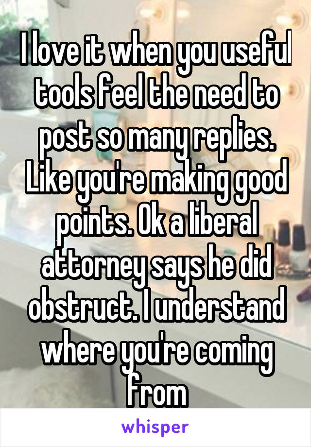 I love it when you useful tools feel the need to post so many replies. Like you're making good points. Ok a liberal attorney says he did obstruct. I understand where you're coming from