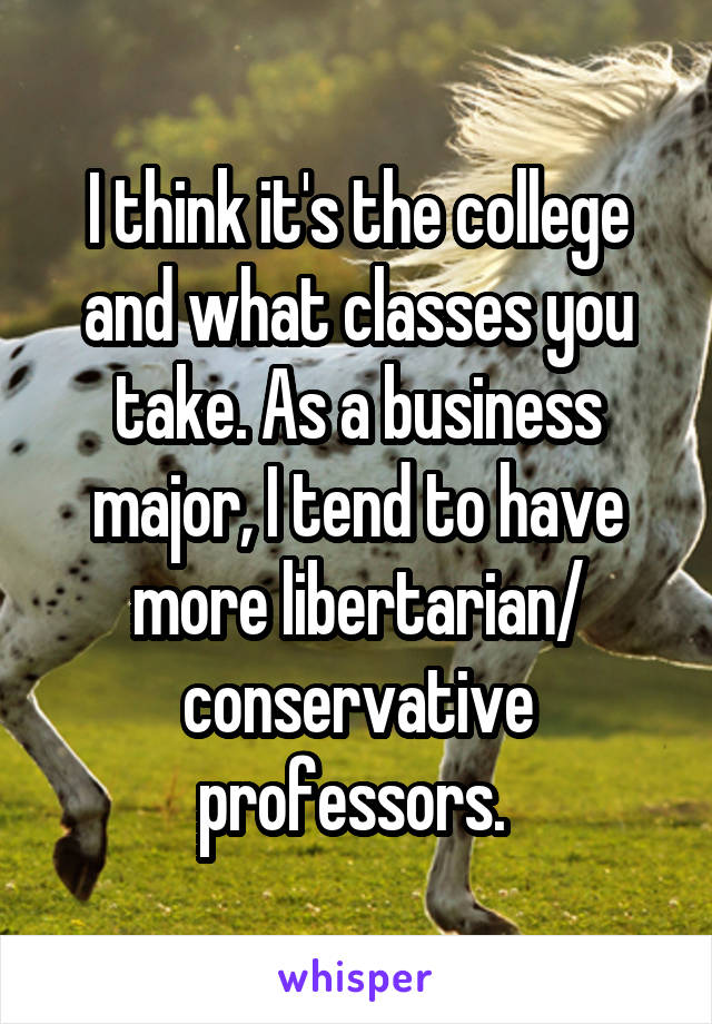 I think it's the college and what classes you take. As a business major, I tend to have more libertarian/ conservative professors. 
