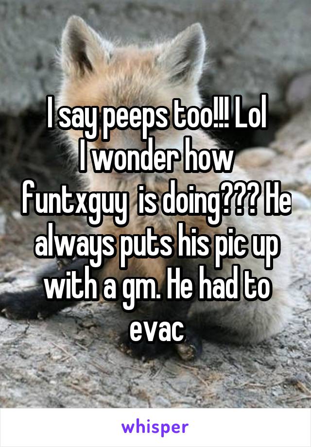 I say peeps too!!! Lol
I wonder how funtxguy  is doing??? He always puts his pic up with a gm. He had to evac