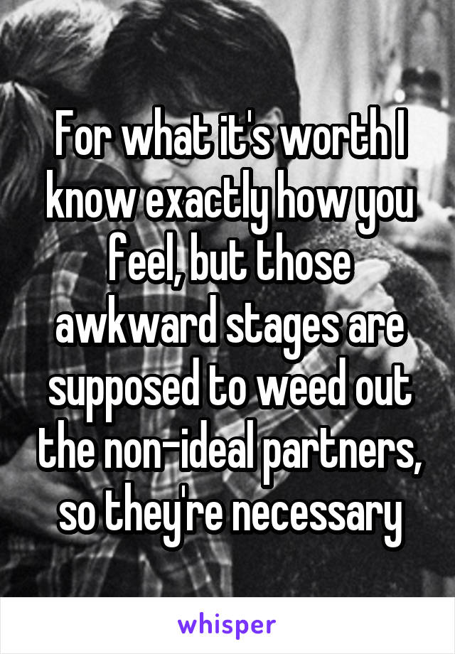 For what it's worth I know exactly how you feel, but those awkward stages are supposed to weed out the non-ideal partners, so they're necessary