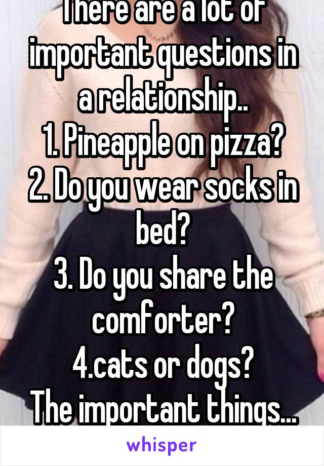 There are a lot of important questions in a relationship..
1. Pineapple on pizza?
2. Do you wear socks in bed?
3. Do you share the comforter?
4.cats or dogs?
The important things... 