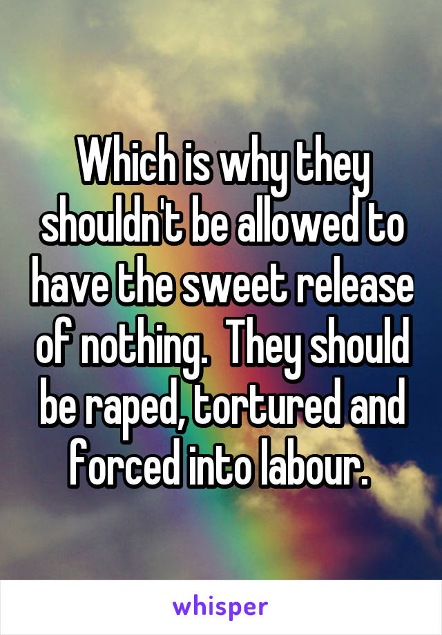 Which is why they shouldn't be allowed to have the sweet release of nothing.  They should be raped, tortured and forced into labour. 