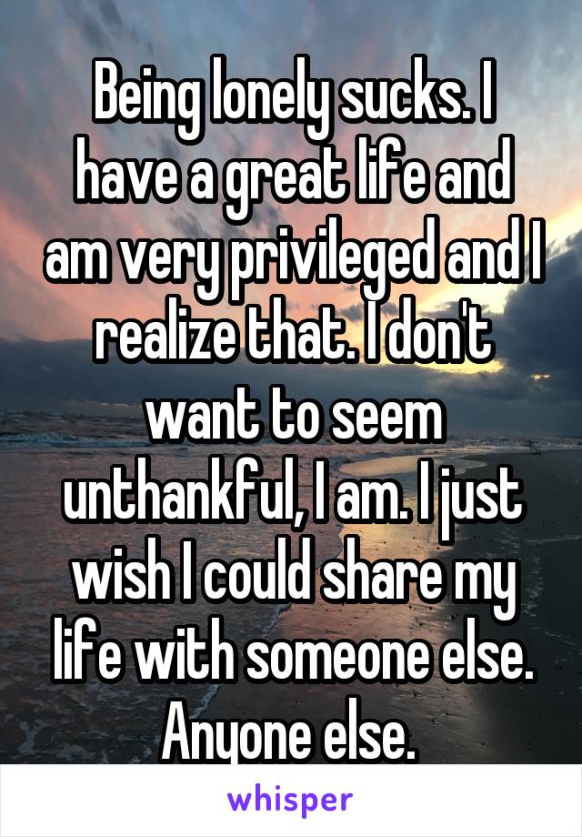 Being lonely sucks. I have a great life and am very privileged and I realize that. I don't want to seem unthankful, I am. I just wish I could share my life with someone else. Anyone else. 