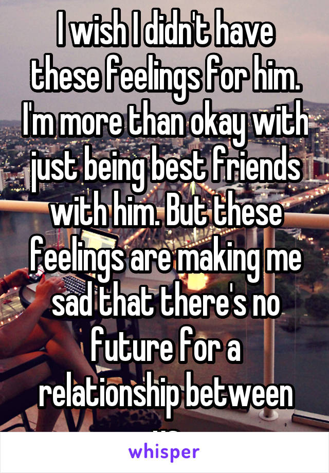 I wish I didn't have these feelings for him. I'm more than okay with just being best friends with him. But these feelings are making me sad that there's no future for a relationship between us