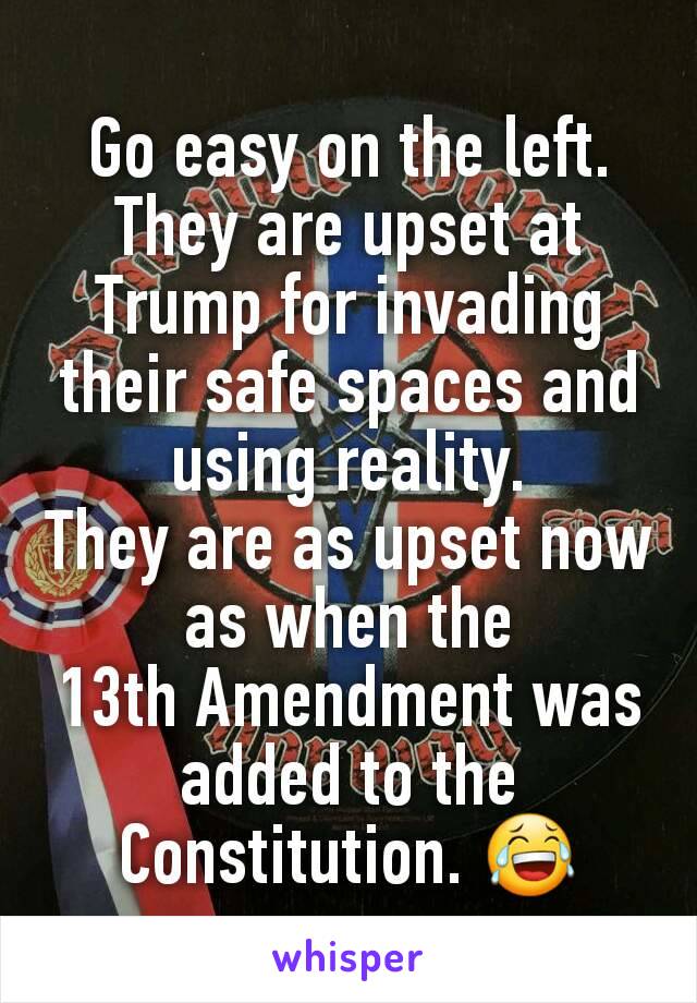 Go easy on the left.
They are upset at Trump for invading their safe spaces and using reality.
They are as upset now as when the
13th Amendment was added to the Constitution. 😂