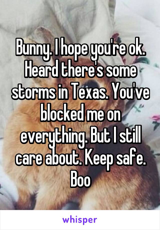 Bunny. I hope you're ok. Heard there's some storms in Texas. You've blocked me on everything. But I still care about. Keep safe. Boo