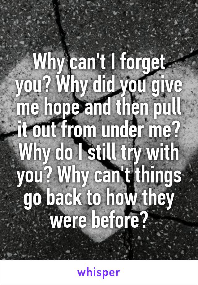 Why can't I forget you? Why did you give me hope and then pull it out from under me? Why do I still try with you? Why can't things go back to how they were before?