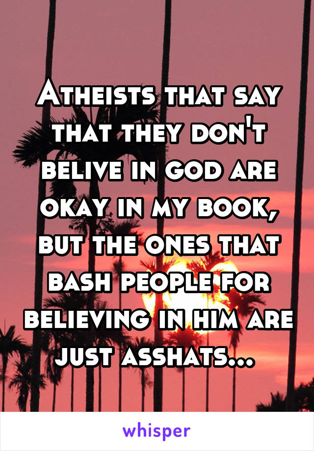 Atheists that say that they don't belive in god are okay in my book, but the ones that bash people for believing in him are just asshats... 