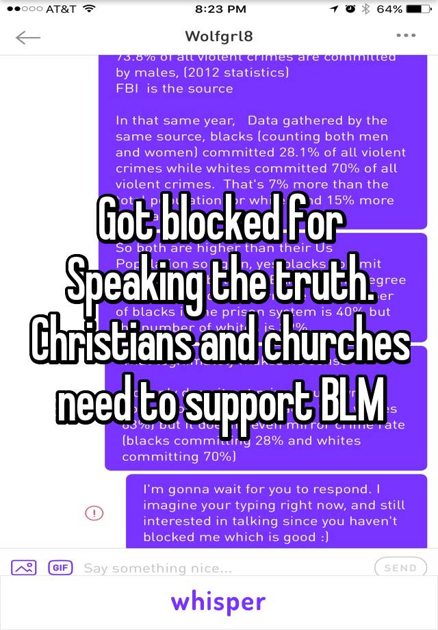 Got blocked for Speaking the truth. Christians and churches need to support BLM