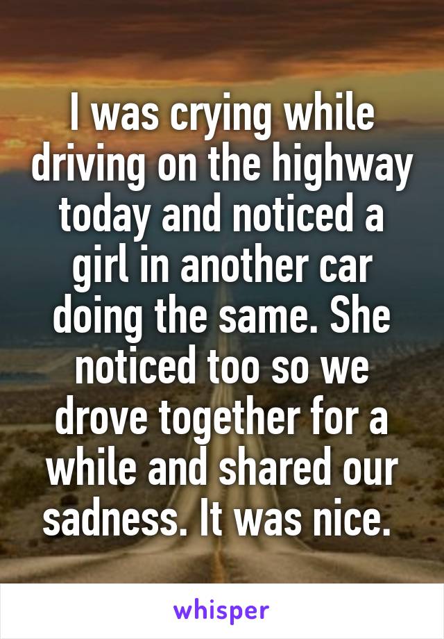 I was crying while driving on the highway today and noticed a girl in another car doing the same. She noticed too so we drove together for a while and shared our sadness. It was nice. 