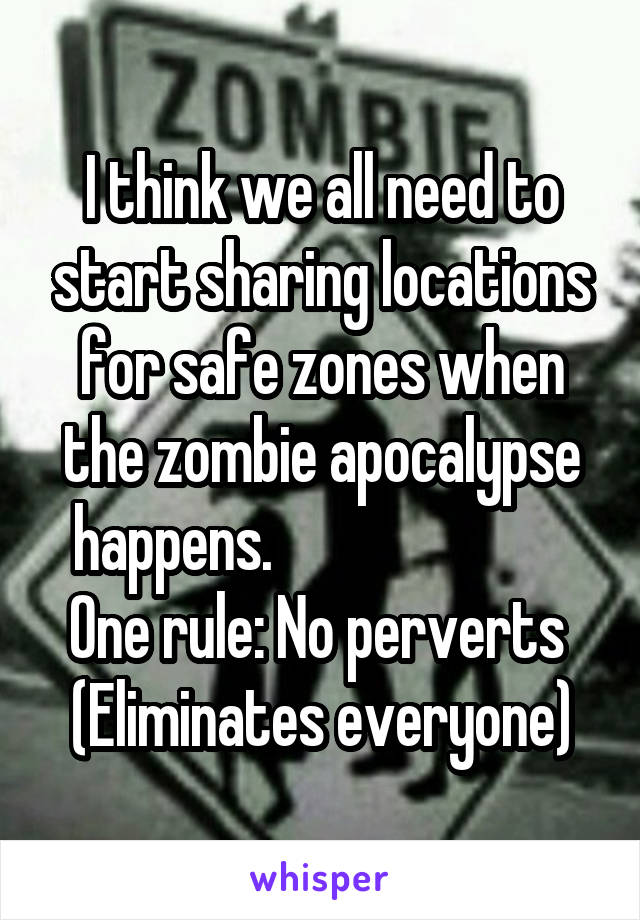 I think we all need to start sharing locations for safe zones when the zombie apocalypse happens.                          One rule: No perverts 
(Eliminates everyone)