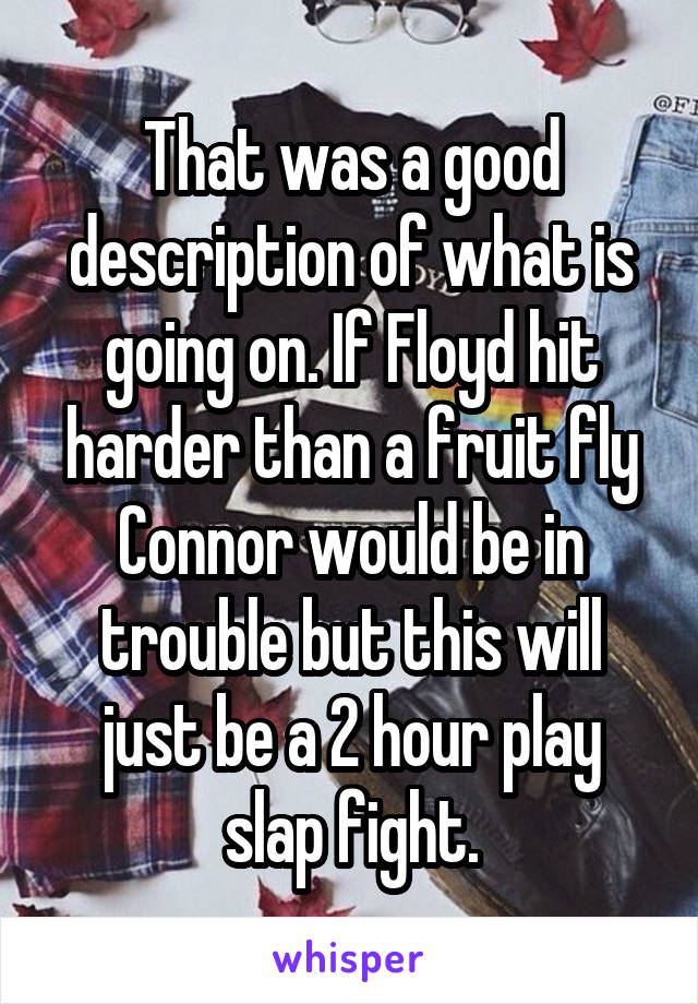 That was a good description of what is going on. If Floyd hit harder than a fruit fly Connor would be in trouble but this will just be a 2 hour play slap fight.