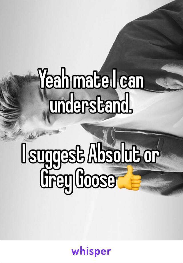 Yeah mate I can understand.

I suggest Absolut or Grey Goose👍