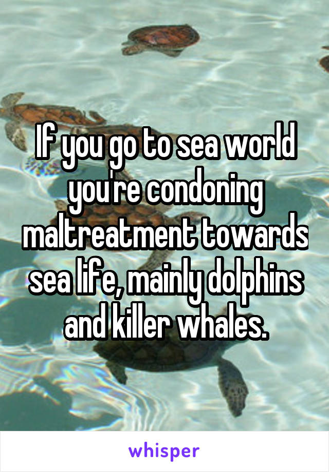 If you go to sea world you're condoning maltreatment towards sea life, mainly dolphins and killer whales.