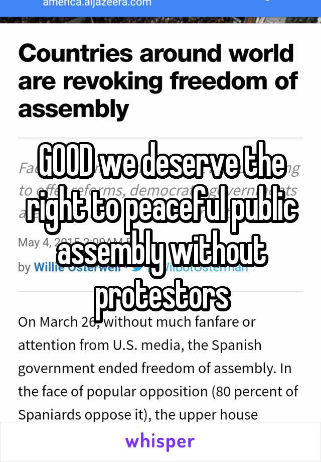 GOOD we deserve the right to peaceful public assembly without protestors