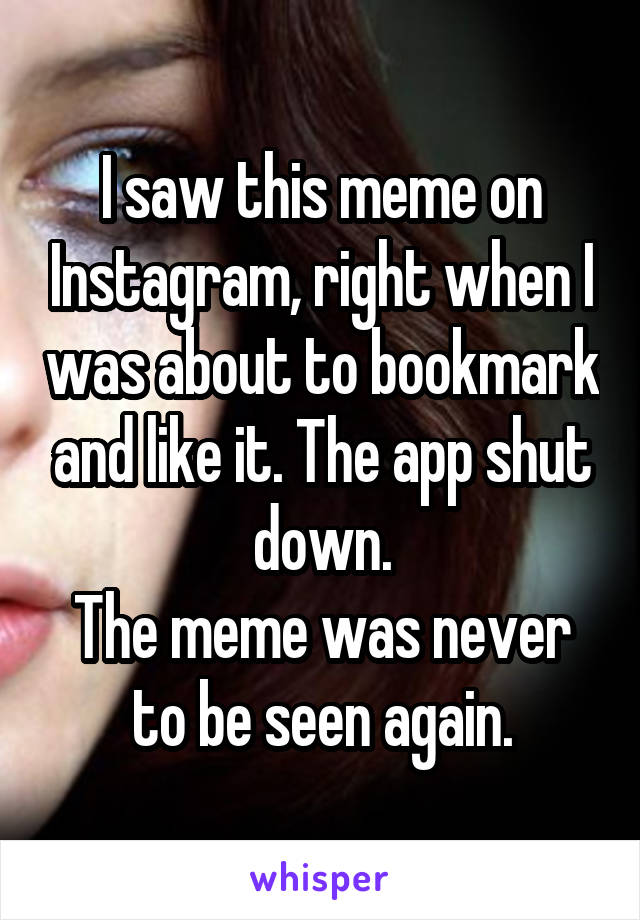 I saw this meme on Instagram, right when I was about to bookmark and like it. The app shut down.
The meme was never to be seen again.