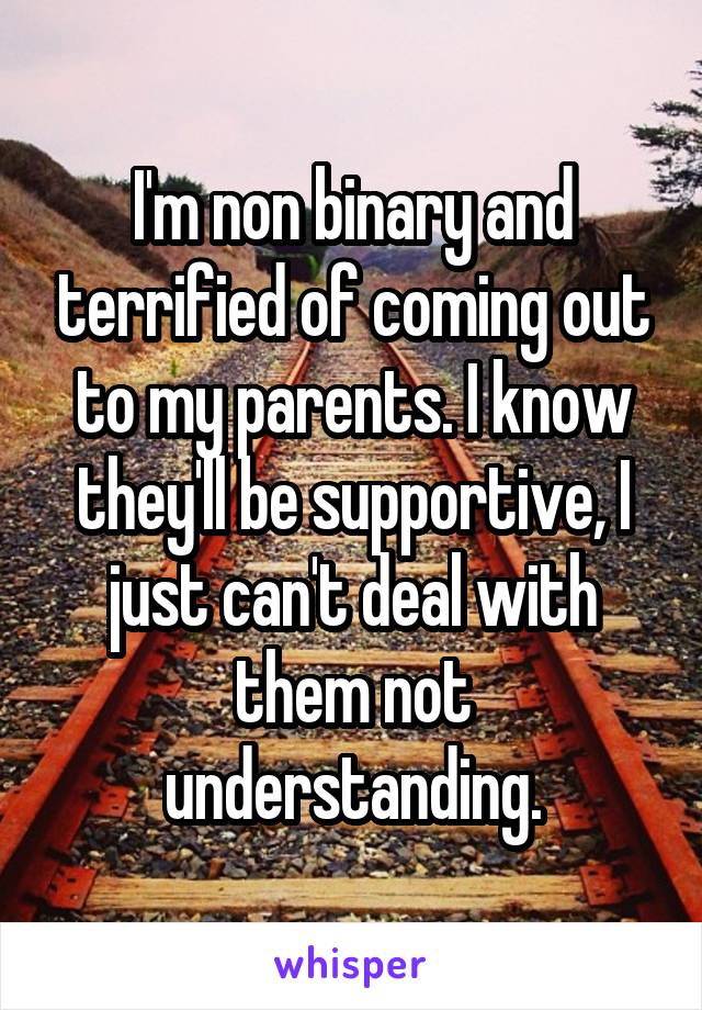 I'm non binary and terrified of coming out to my parents. I know they'll be supportive, I just can't deal with them not understanding.