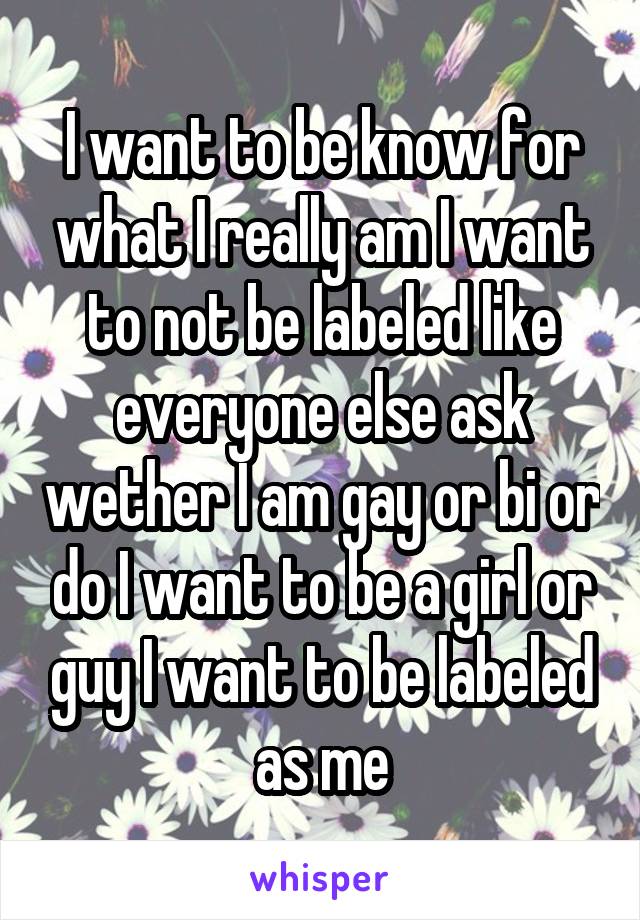 I want to be know for what I really am I want to not be labeled like everyone else ask wether I am gay or bi or do I want to be a girl or guy I want to be labeled as me