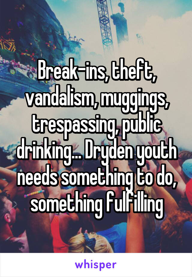 Break-ins, theft, vandalism, muggings, trespassing, public drinking... Dryden youth needs something to do, something fulfilling