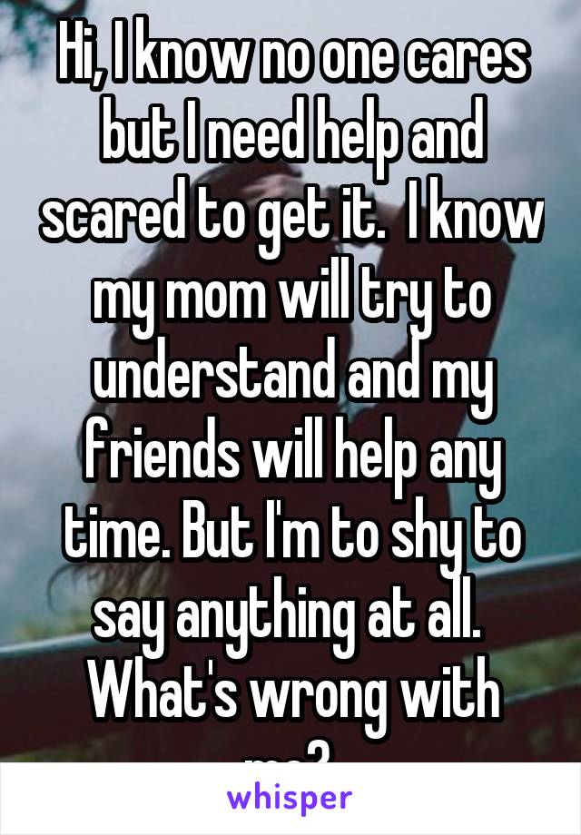 Hi, I know no one cares but I need help and scared to get it.  I know my mom will try to understand and my friends will help any time. But I'm to shy to say anything at all.  What's wrong with me? 