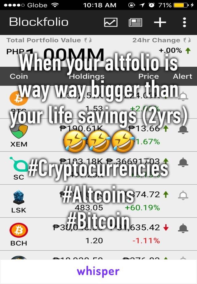 When your altfolio is way way bigger than your life savings (2yrs) 🤣🤣🤣
#Cryptocurrencies
#Altcoins
#Bitcoin