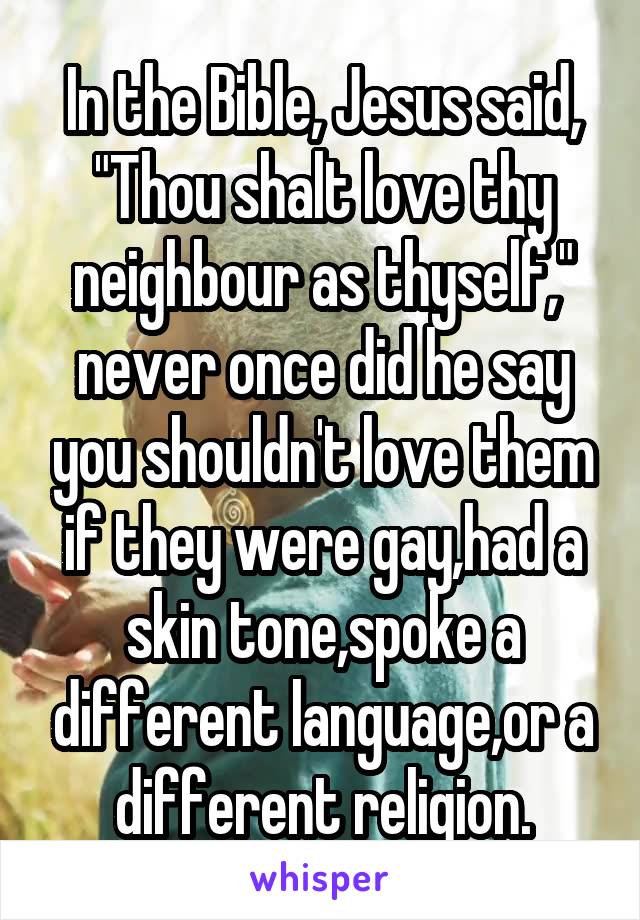 In the Bible, Jesus said, "Thou shalt love thy neighbour as thyself," never once did he say you shouldn't love them if they were gay,had a skin tone,spoke a different language,or a different religion.