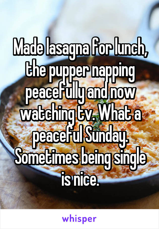 Made lasagna for lunch, the pupper napping peacefully and now watching tv. What a peaceful Sunday. Sometimes being single is nice.