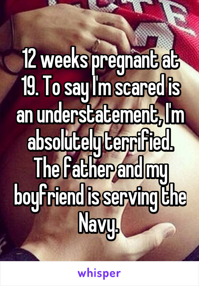 12 weeks pregnant at 19. To say I'm scared is an understatement, I'm absolutely terrified. The father and my boyfriend is serving the Navy. 